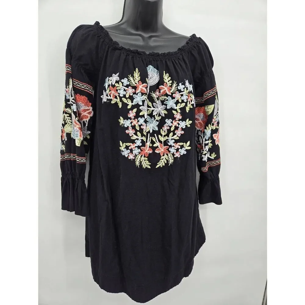 Free People Fluer Du Jour Dress Size XS Black Embroidered Floral Boho Summer